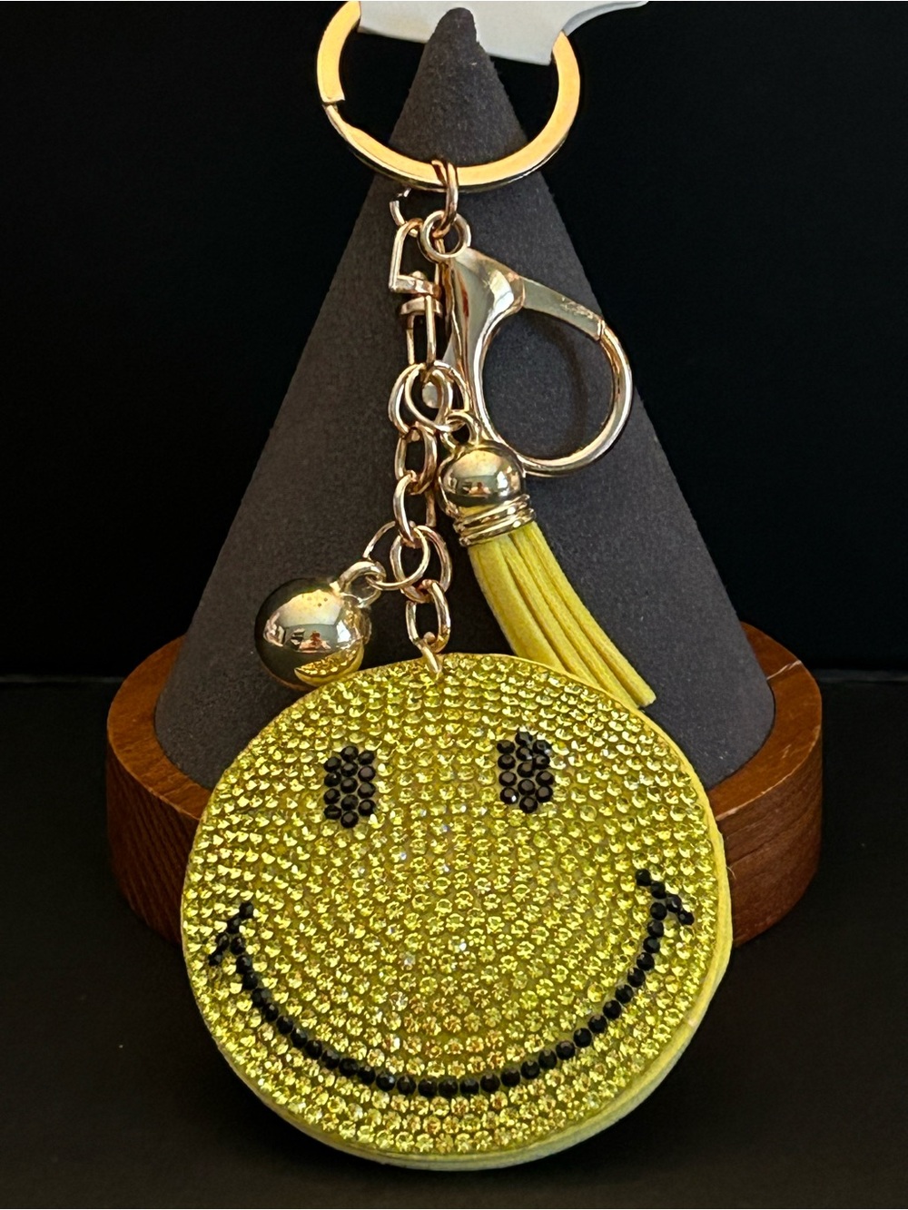 PREMIUM Puffy Yellow, Black & Gold Smiley Face Crystal Bag Charm Keychain NWT